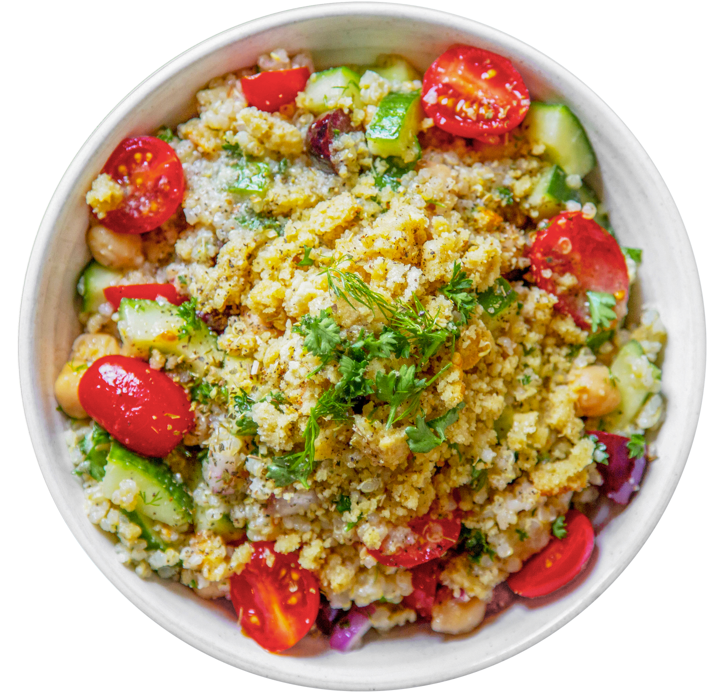 vegan plant-based Mediterranean quinoa salad bowl in Des Moines, Iowa