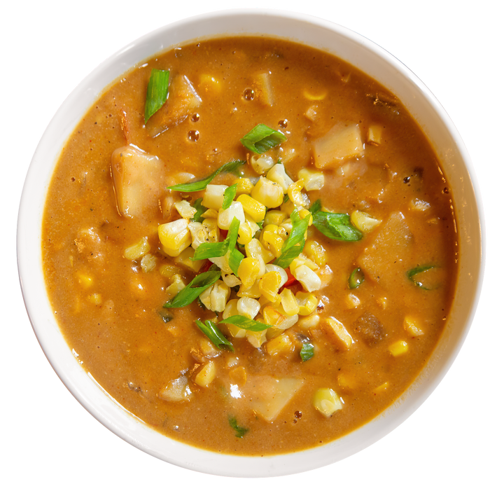 Vegan plant-based sweet corn chowder in Des Moines, Iowa