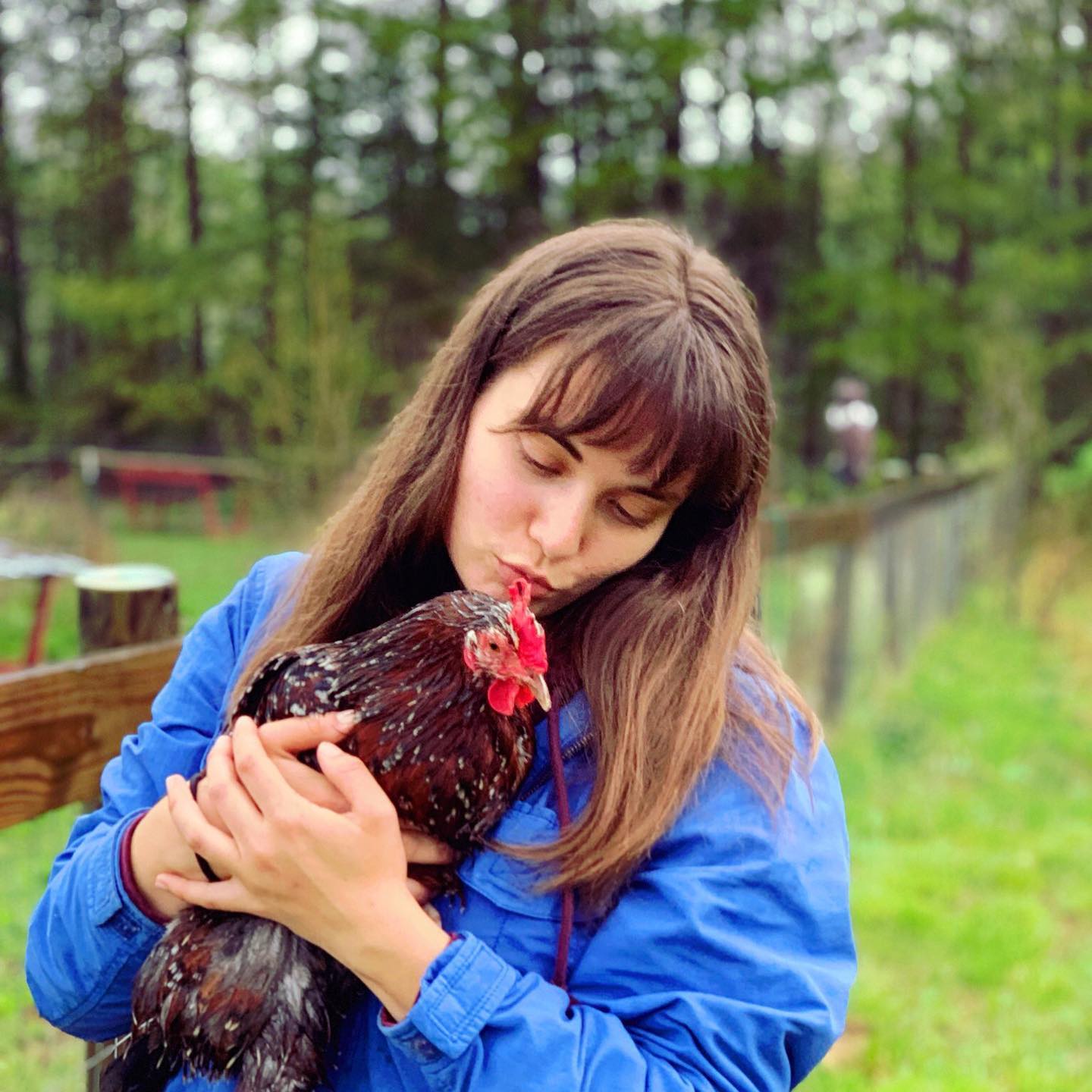 Chef Madeline Krantz kisses a chicken at a farm sanctuary in North Carolina
