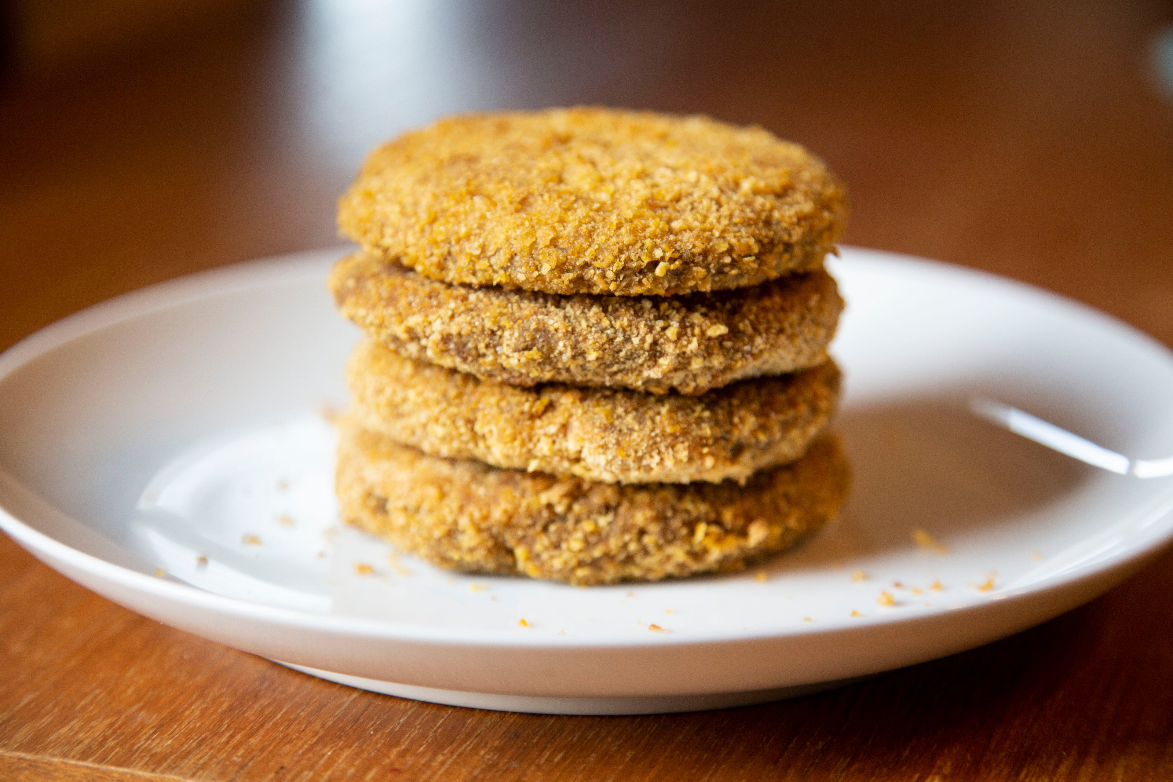 A stack of vegan Crispy Chickpea Patties in Des Moines, Iowa