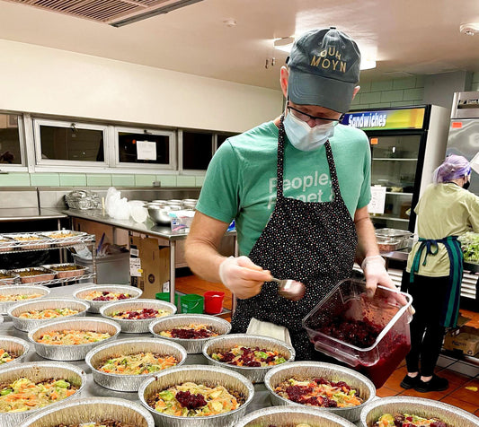 Vegan chef Steve Bryce making food at New World Kitchen in Des Moines, Iowa