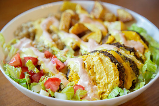 Vegan Burger Bowl at New World Kitchen in Des Moines, Iowa
