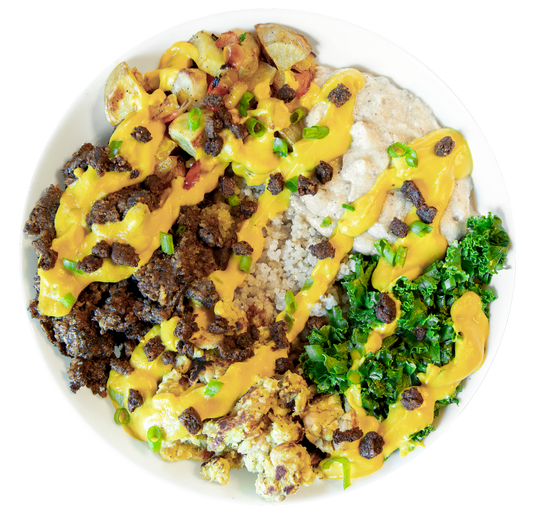 vegan breakfast bowl with non-dairy cheese and plant-based meat substitute in Des Moines, Iowa
