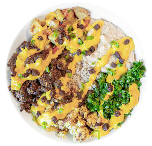 vegan breakfast bowl with non-dairy cheese and plant-based meat substitute in Des Moines, Iowa