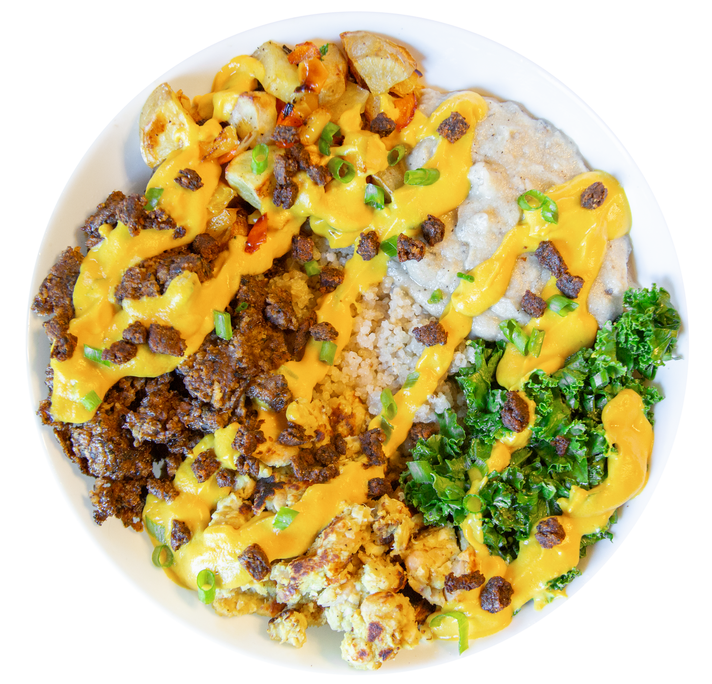 vegan breakfast bowl with non-dairy cheese and plant-based meat substitute in Des Moines, Iowa