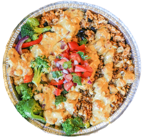 vegan cheesy fajita bowl in Des Moines, Iowa