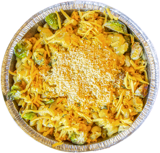 vegan Thanksgiving mac and cheese with brussels sprouts in Des Moines, Iowa