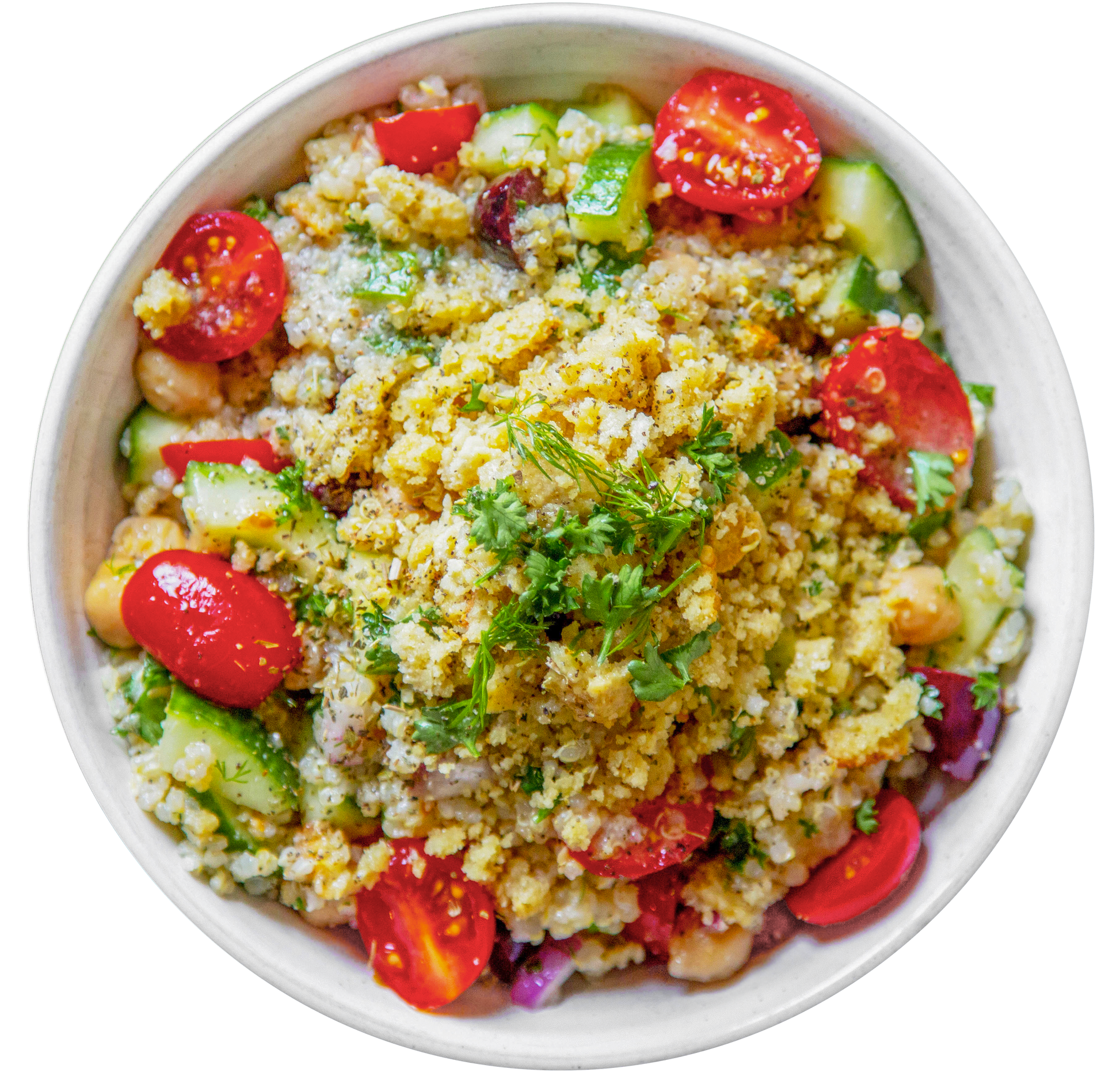 vegan plant-based Mediterranean quinoa salad bowl in Des Moines, Iowa