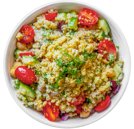 vegan plant-based Mediterranean quinoa salad bowl in Des Moines, Iowa