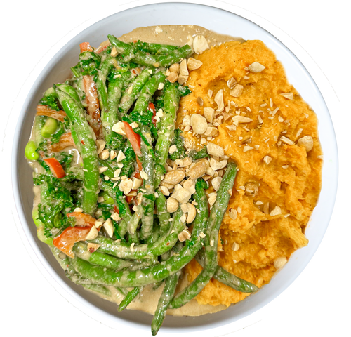 vegan peanut stir fry with ginger sweet potato mash in Des Moines, Iowa