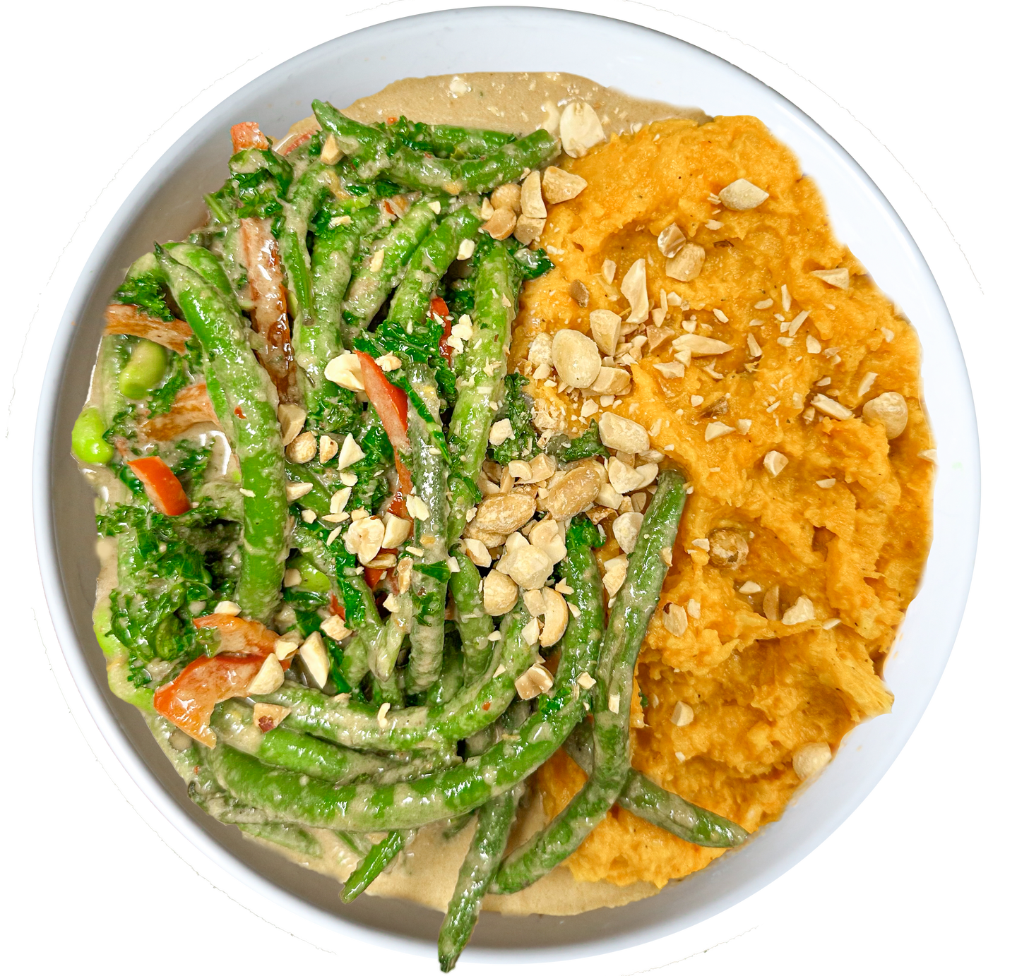 vegan peanut stir fry with ginger sweet potato mash in Des Moines, Iowa