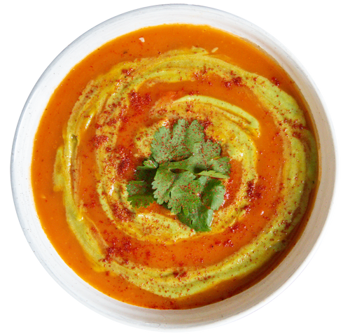 Plant-based dairy-free vegan vegetarian Roasted Red Pepper Chipotle Soup in Des Moines, Iowa