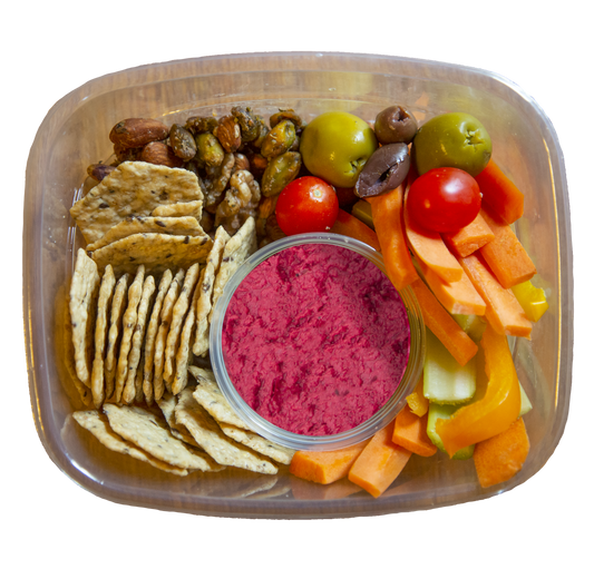 vegan snack box with beet hummus in Des Moines, Iowa