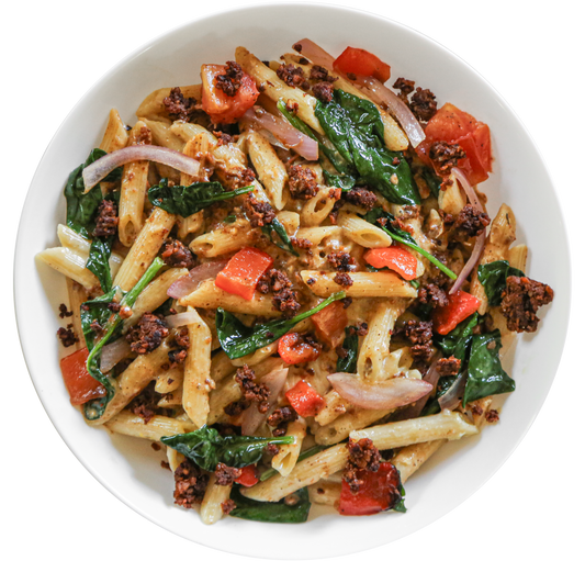 vegan sweet corn chorizo pasta meal prep in Des Moines, Iowa