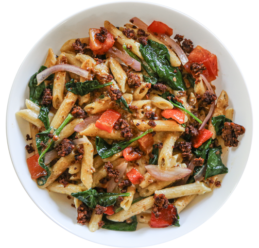 vegan sweet corn chorizo pasta meal prep in Des Moines, Iowa