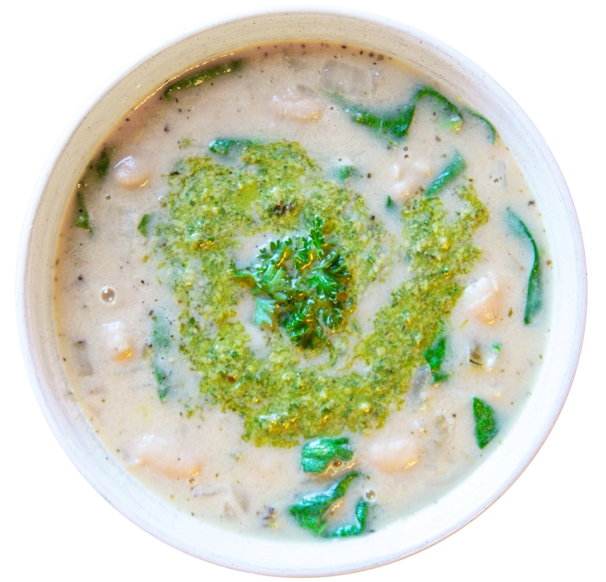 Plant-based Vegan White Bean Pesto Soup in Des Moines, Iowa