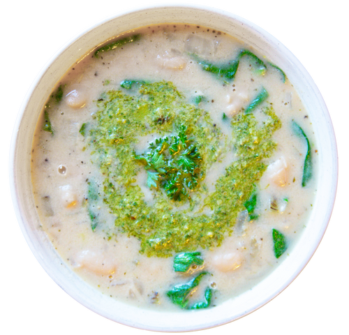 Plant-based Vegan White Bean Pesto Soup in Des Moines, Iowa