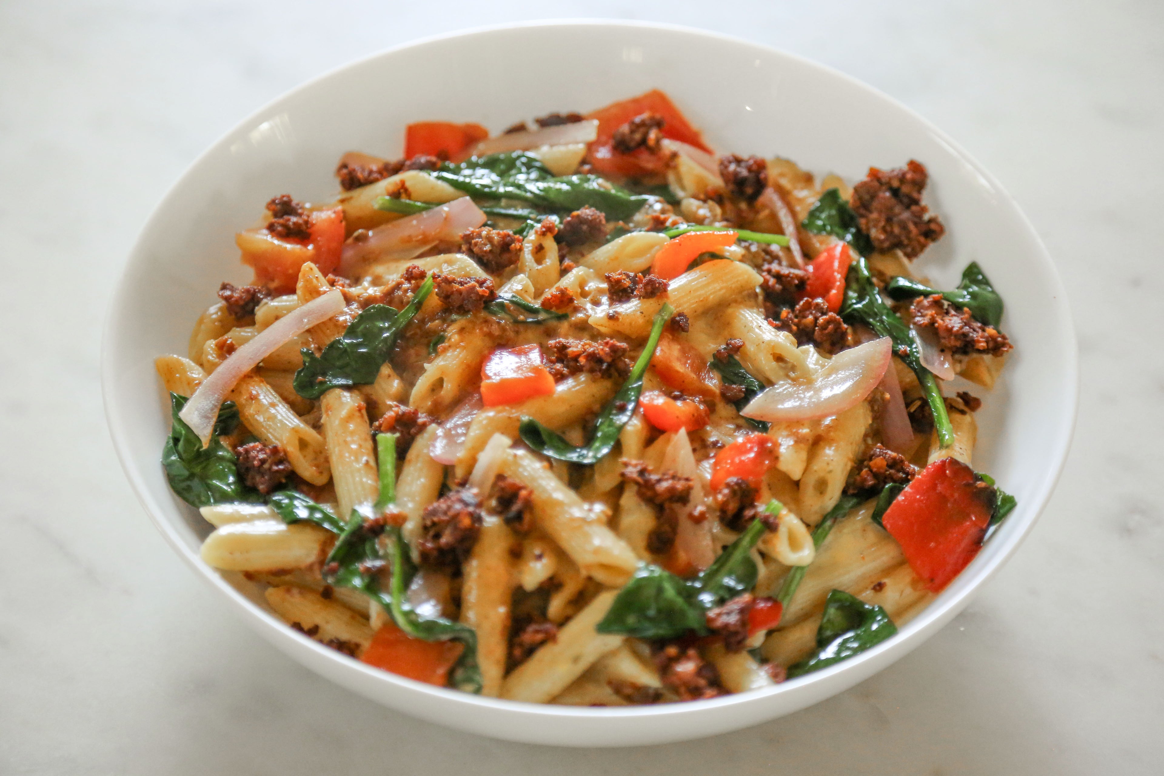 Vegan Sweet Corn Chorizo Pasta in Des Moines, Iowa