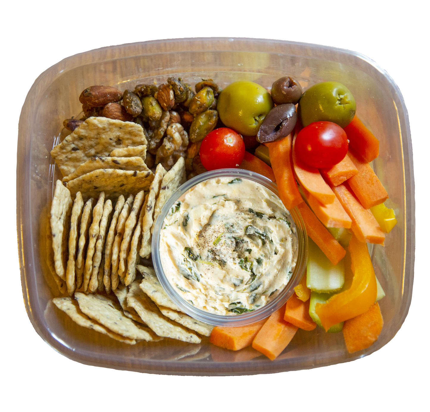 vegan snack box with spinach artichoke spread