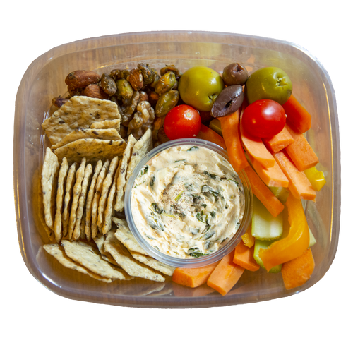 vegan snack box with spinach artichoke spread