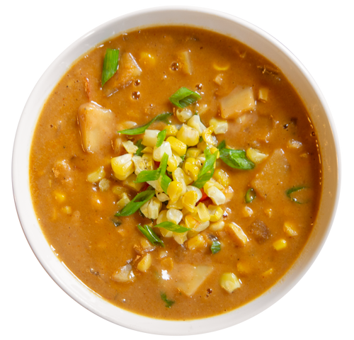 Vegan plant-based sweet corn chowder in Des Moines, Iowa