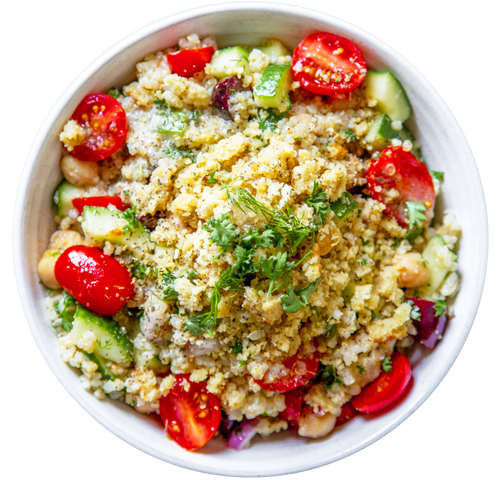 vegan plant-based Mediterranean quinoa salad bowl in Des Moines, Iowa