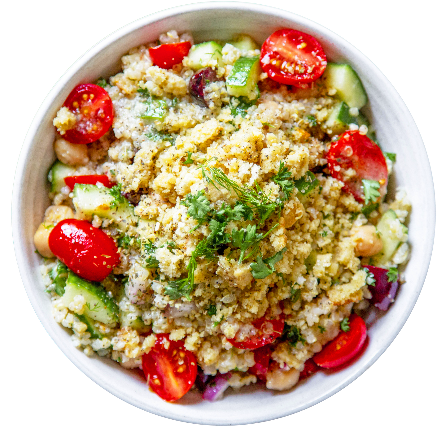 vegan plant-based Mediterranean quinoa salad bowl in Des Moines, Iowa